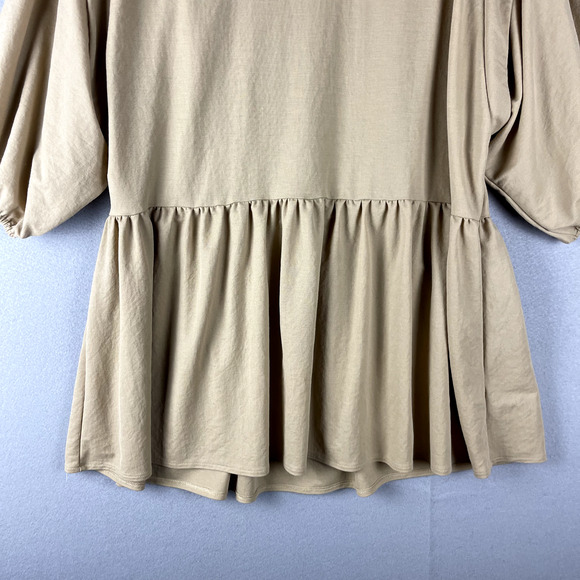 Mango Smock Mini Dress Women Large Tan V Neck Boho Relaxed Peasant Cottagagecore - Picture 12 of 14
